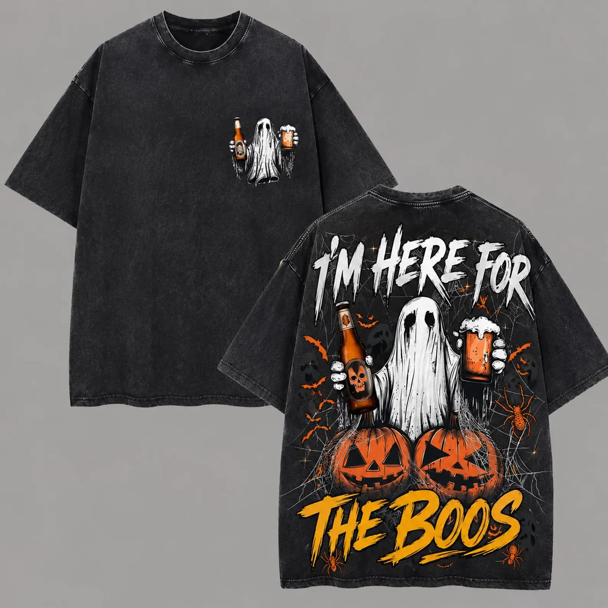 I'm Here For The Boos Shirt, Vintage Acid Wash Halloween Tee, Funny Ghost Drinking Beer Tshirt