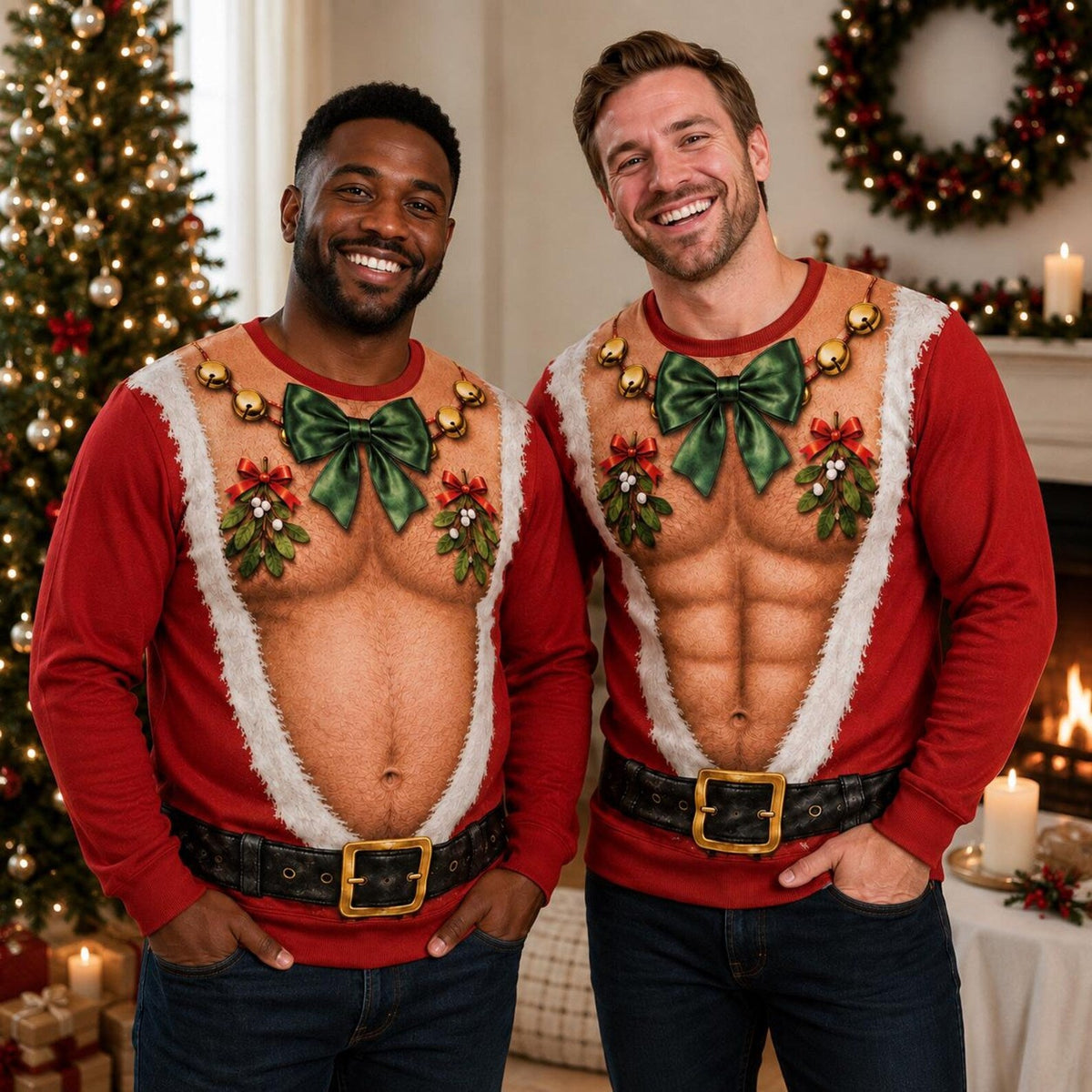 Funny Santa Abs Bow Tie Sweater