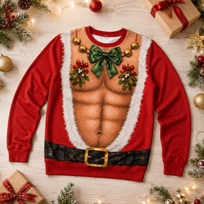 Funny Santa Abs Bow Tie Sweater
