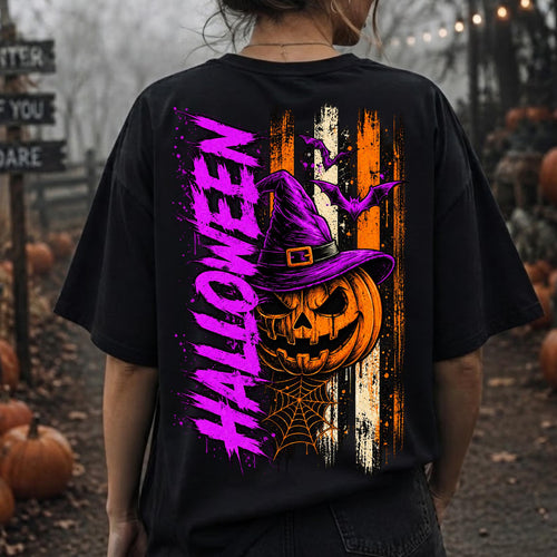 Spooky Halloween Witch Pumpkin Purple Bat Shirt