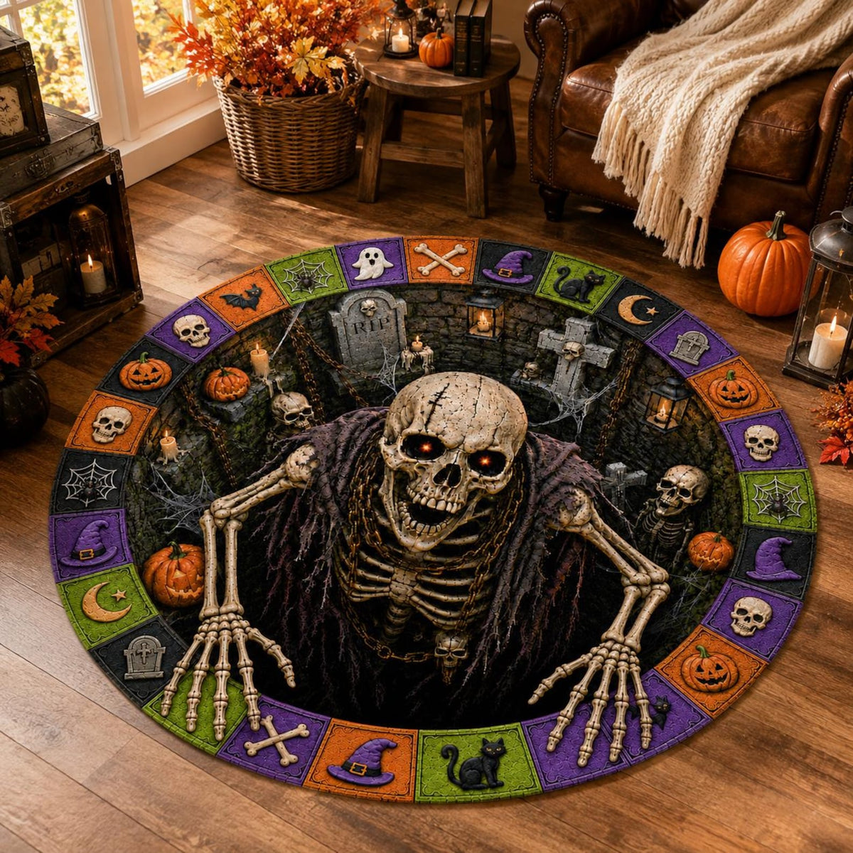 Halloween 3D Skeleton Optical Illusion Round Doormat