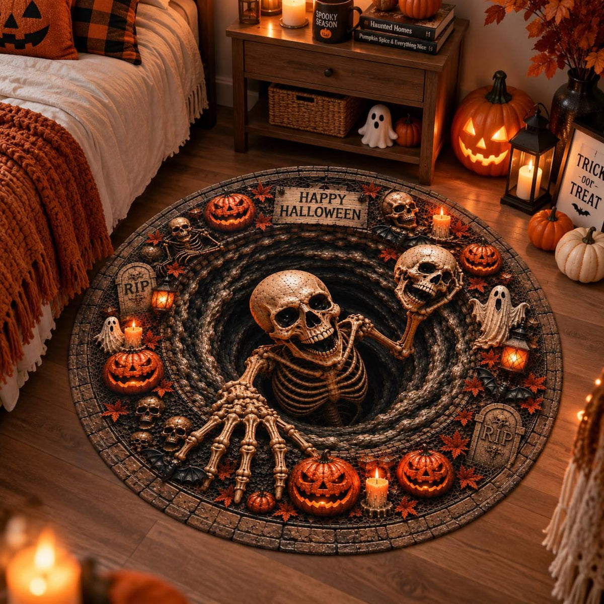 Halloween 3D Skeleton Optical Illusion Round Doormat