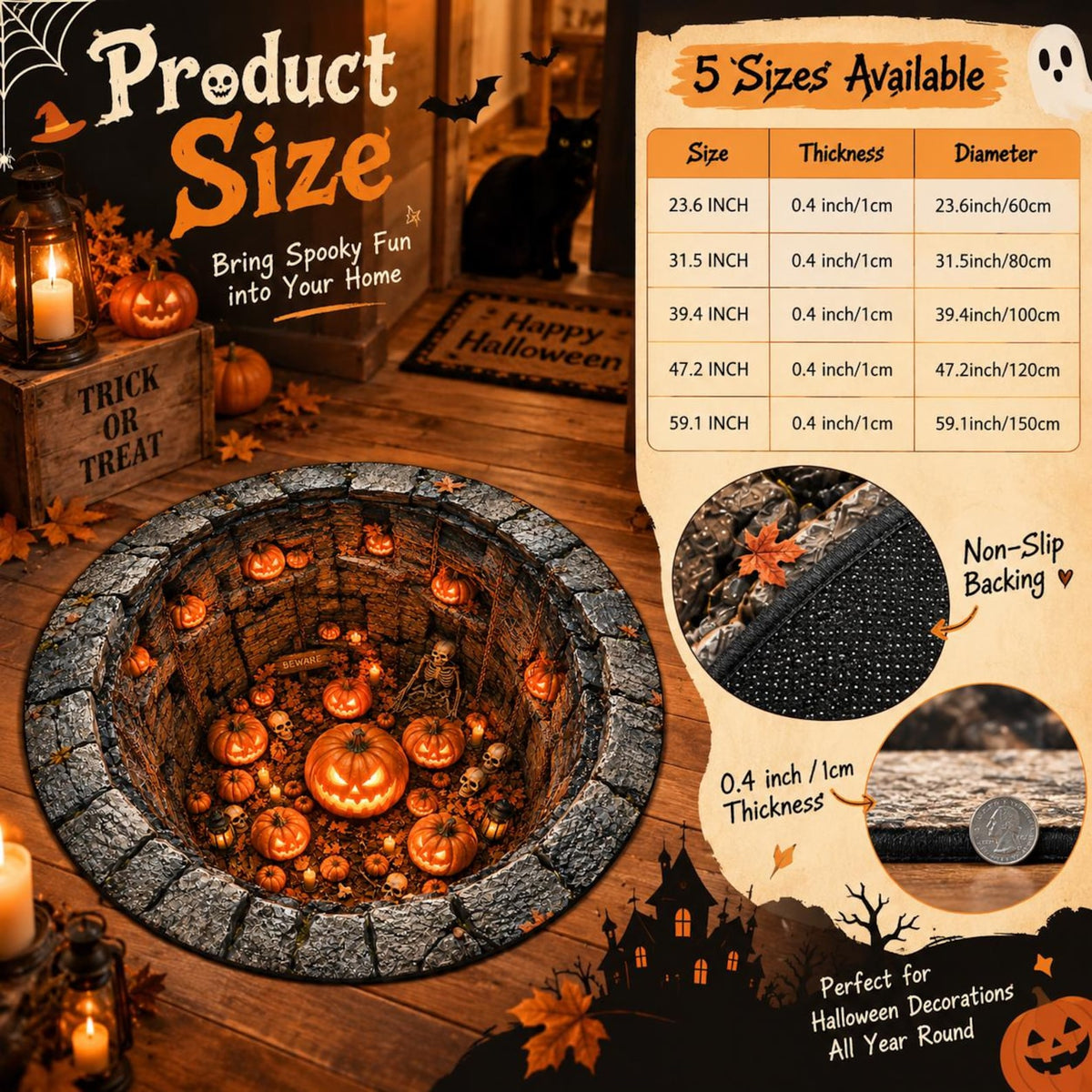 Halloween 3D Skeleton Optical Illusion Round Doormat