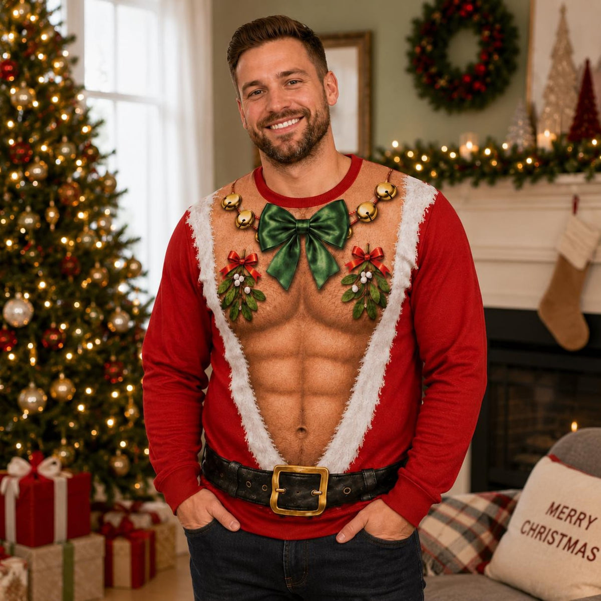 Funny Santa Abs Bow Tie Sweater