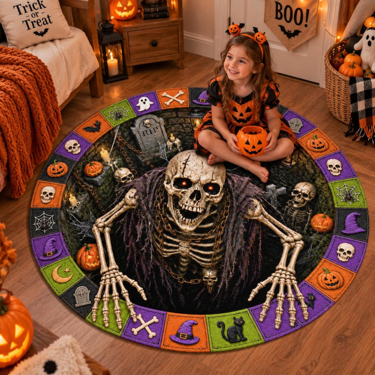 Halloween 3D Skeleton Optical Illusion Round Doormat