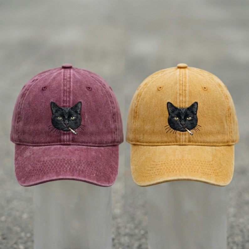 Black Cat Smoking Embroidered Washed Cap