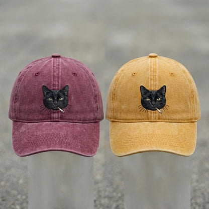 Black Cat Smoking Embroidered Washed Cap
