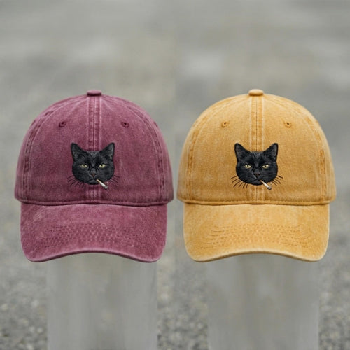 Black Cat Smoking Embroidered Washed Cap