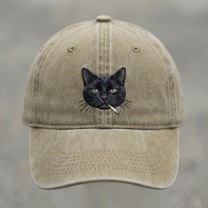 Black Cat Smoking Embroidered Washed Cap