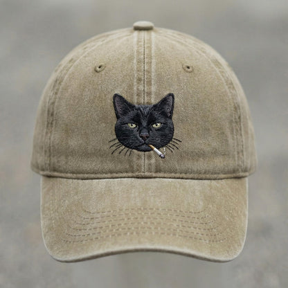 Black Cat Smoking Embroidered Washed Cap