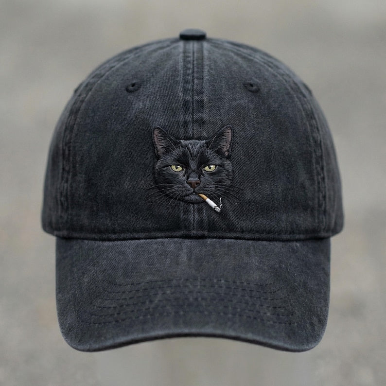 Black Cat Smoking Embroidered Washed Cap