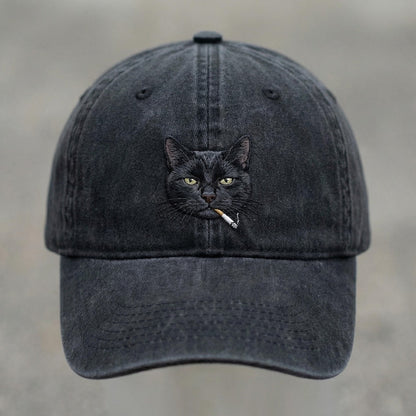 Black Cat Smoking Embroidered Washed Cap