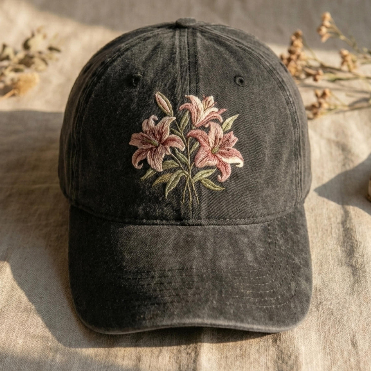 Embroidered Lily Embroidered Washed Cap