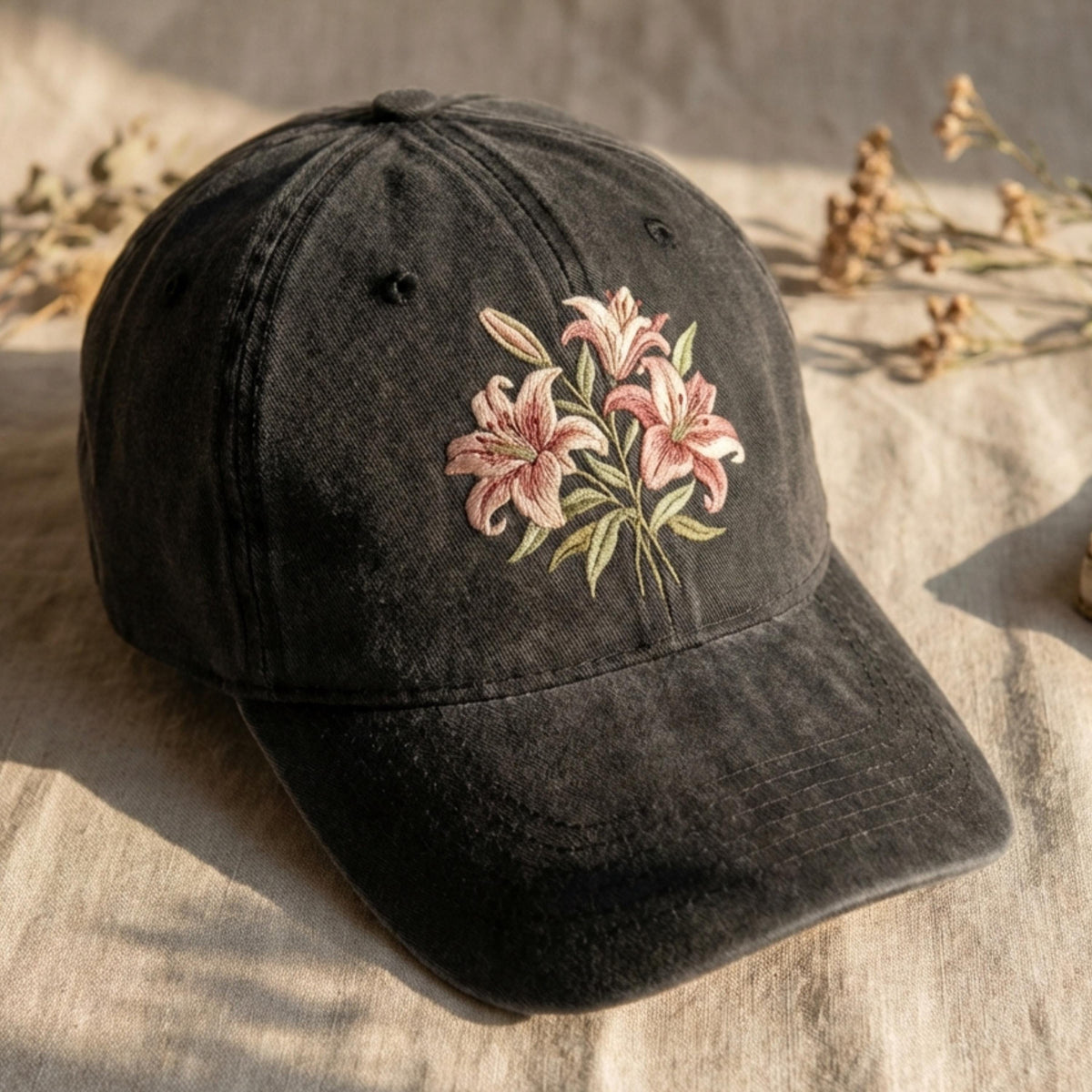 Embroidered Lily Embroidered Washed Cap