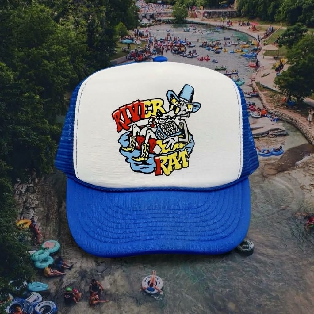 River Rat Trucker Hat Blue/WhiteMesh Cap Texas River Floating Tubing Summer