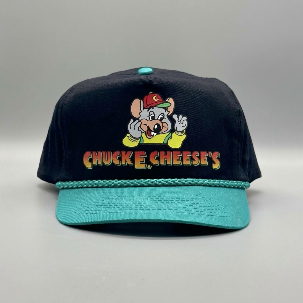Share Chuck E Cheese Pizza Hat Vintage Teal Black Trucker Rope Cap 90s Showbiz Pizza