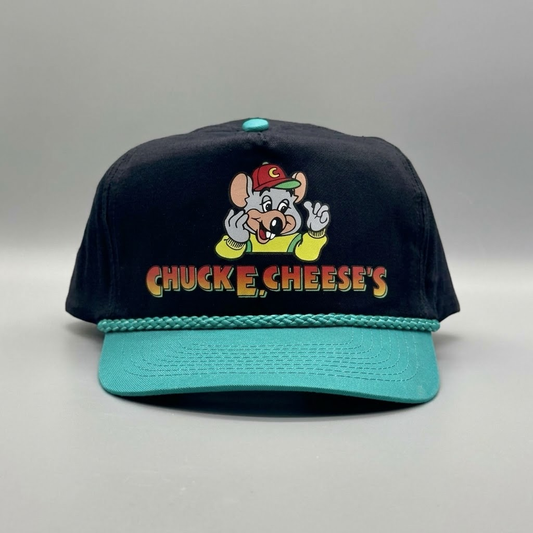 Share Chuck E Cheese Pizza Hat Vintage Teal Black Trucker Rope Cap 90s Showbiz Pizza