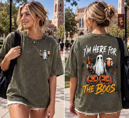 I'm Here For The Boos Shirt, Vintage Acid Wash Halloween Tee, Funny Ghost Drinking Beer Tshirt
