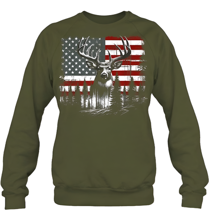 Deer Hunting American Flag Whitetail Buck Antlers Hunting Shirt