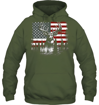 Deer Hunting American Flag Whitetail Buck Antlers Hunting Shirt