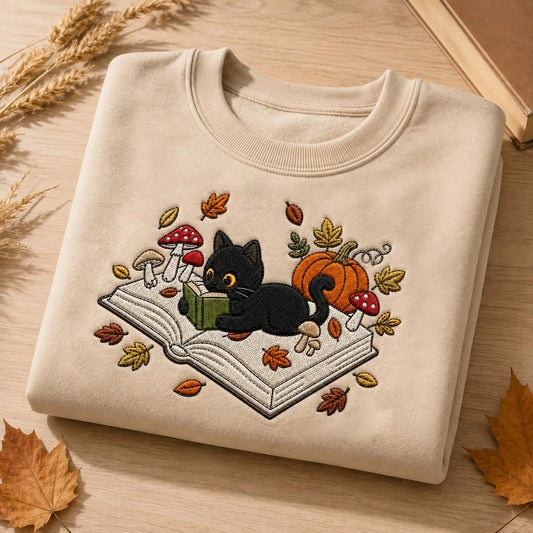 Embroidered Black Cat Book Halloween Sweatshirt
