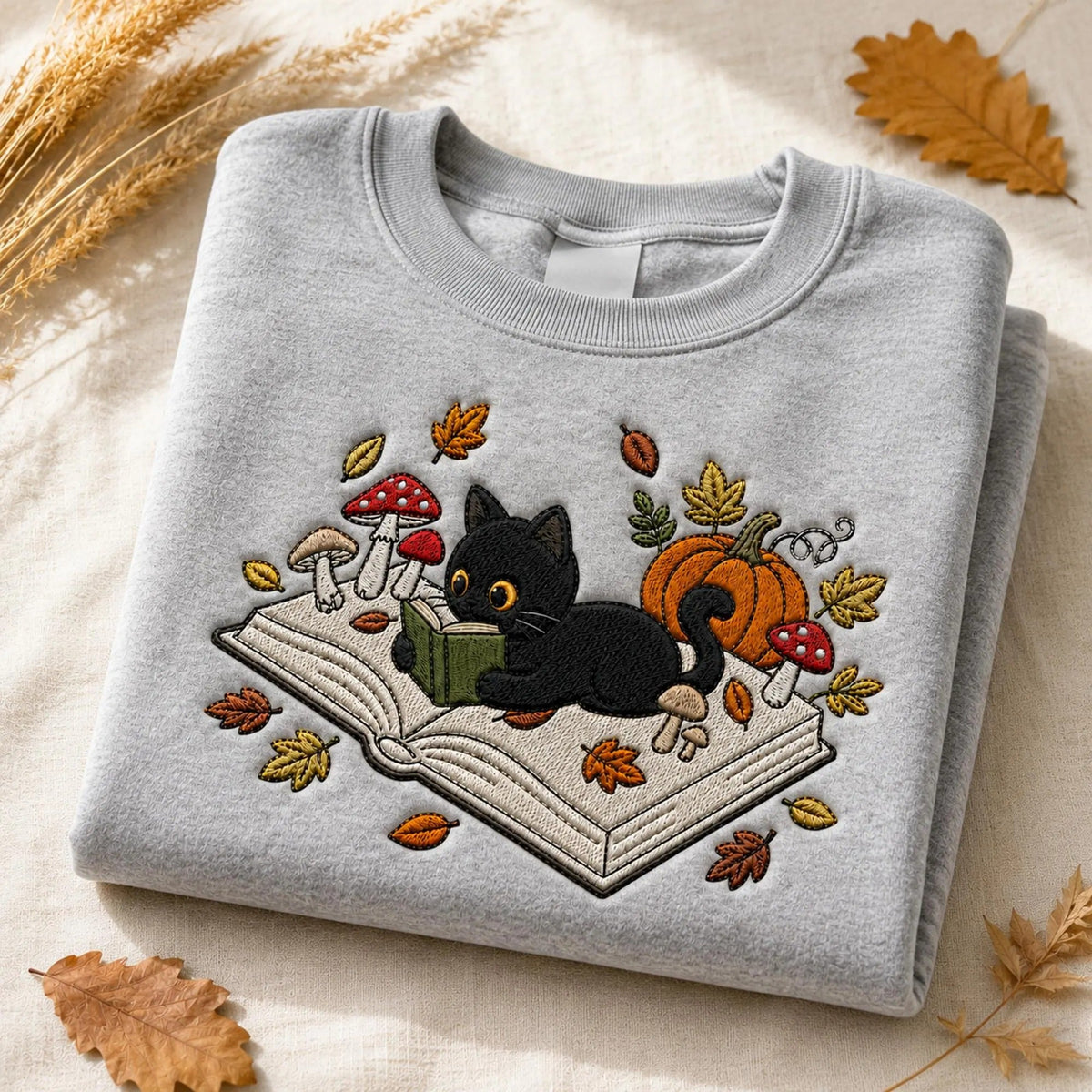 Embroidered Black Cat Book Halloween Sweatshirt