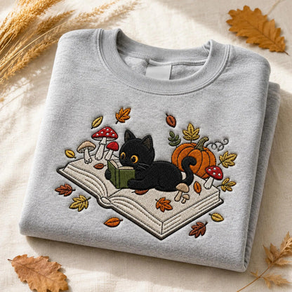 Embroidered Black Cat Book Halloween Sweatshirt
