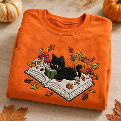 Embroidered Black Cat Book Halloween Sweatshirt