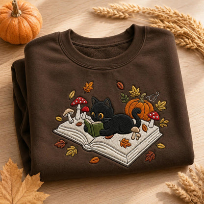 Embroidered Black Cat Book Halloween Sweatshirt