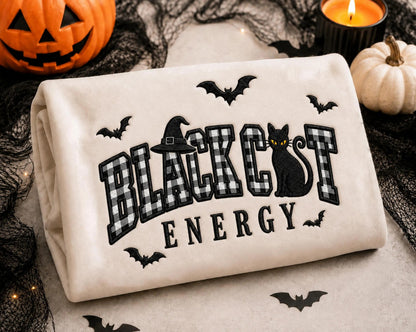 Embroidered Black Cat Energy Halloween Sweatshirt