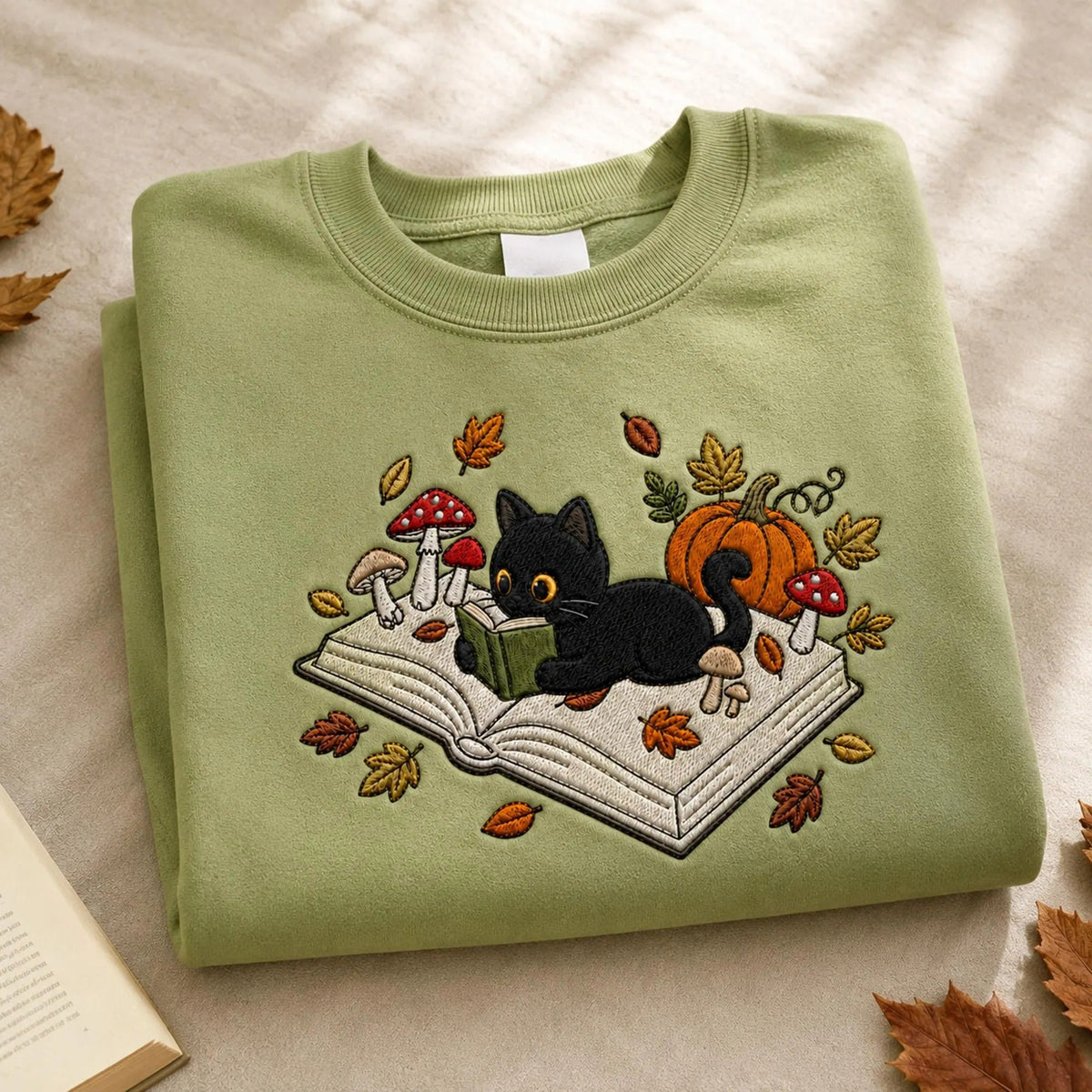 Embroidered Black Cat Book Halloween Sweatshirt