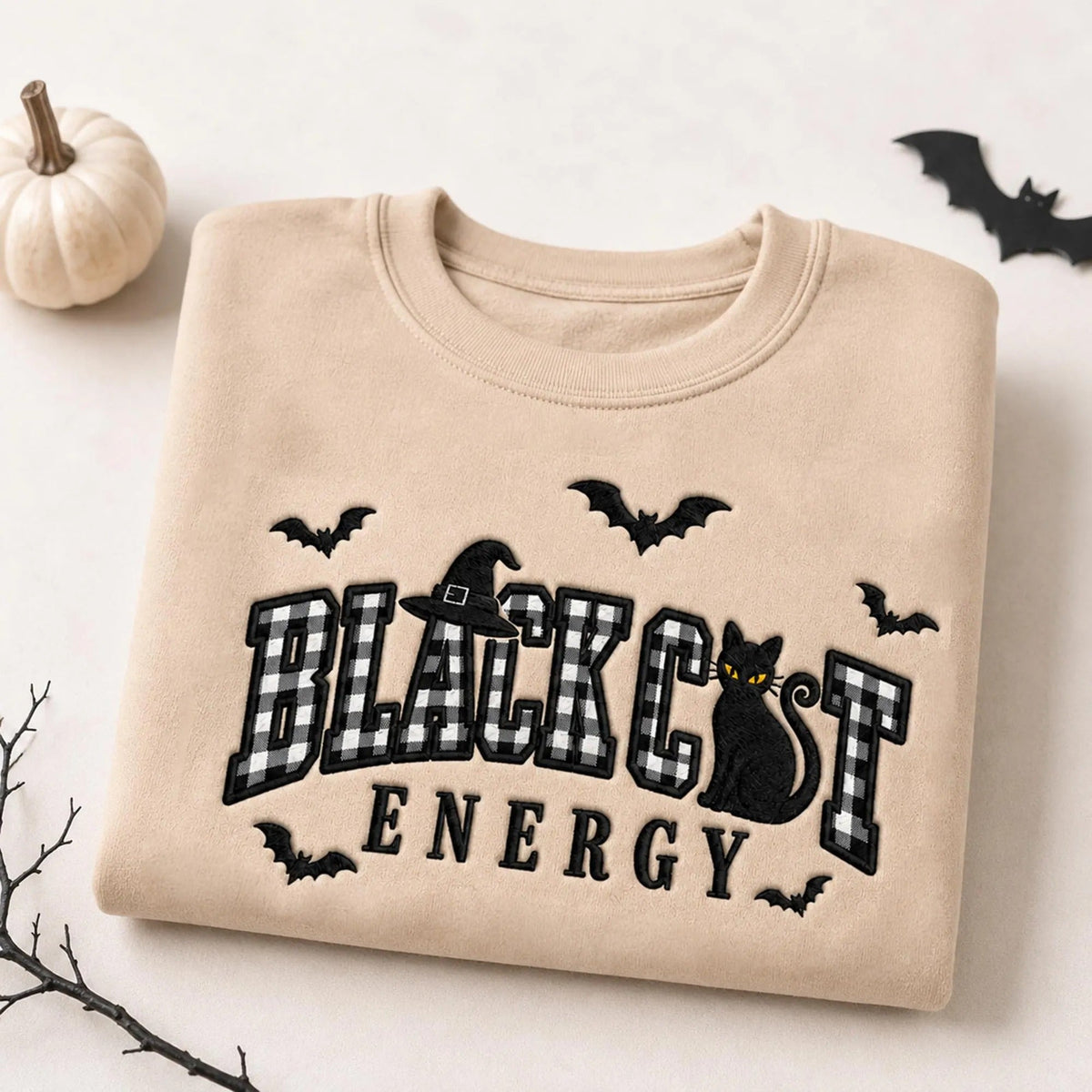 Embroidered Black Cat Energy Halloween Sweatshirt