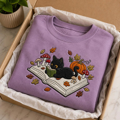 Embroidered Black Cat Book Halloween Sweatshirt