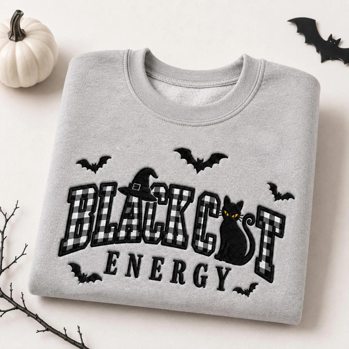 Embroidered Black Cat Energy Halloween Sweatshirt
