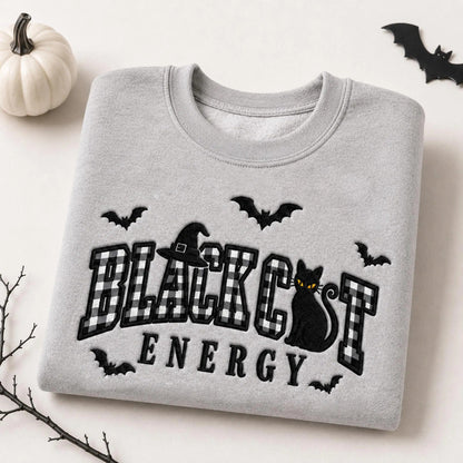Embroidered Black Cat Energy Halloween Sweatshirt