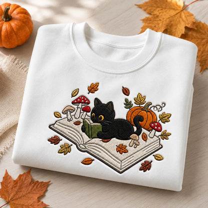 Embroidered Black Cat Book Halloween Sweatshirt