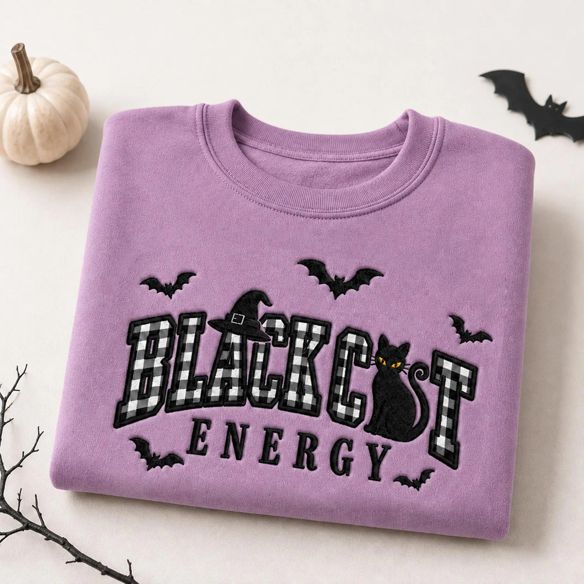 Embroidered Black Cat Energy Halloween Sweatshirt