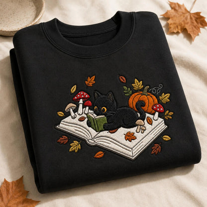 Embroidered Black Cat Book Halloween Sweatshirt