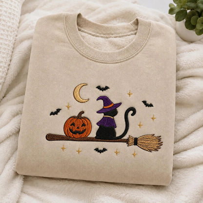 Embroidered Black Cat Broomstick Halloween Sweatshirt