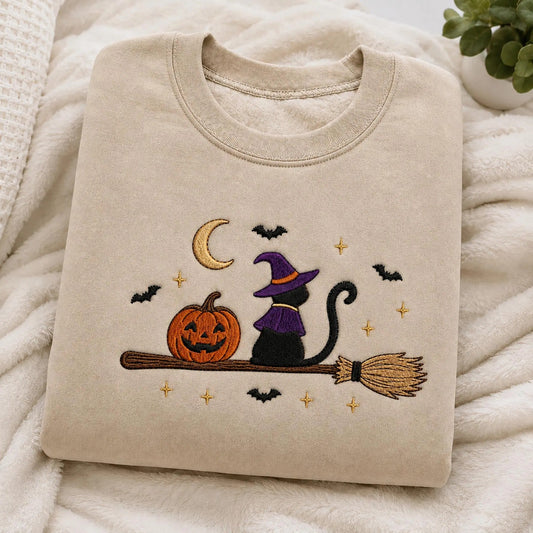 Embroidered Black Cat Broomstick Halloween Sweatshirt