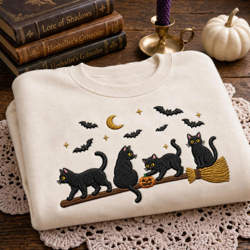 Embroidered Black Cat Broomstick Halloween Sweatshirt