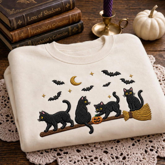 Embroidered Black Cat Broomstick Halloween Sweatshirt
