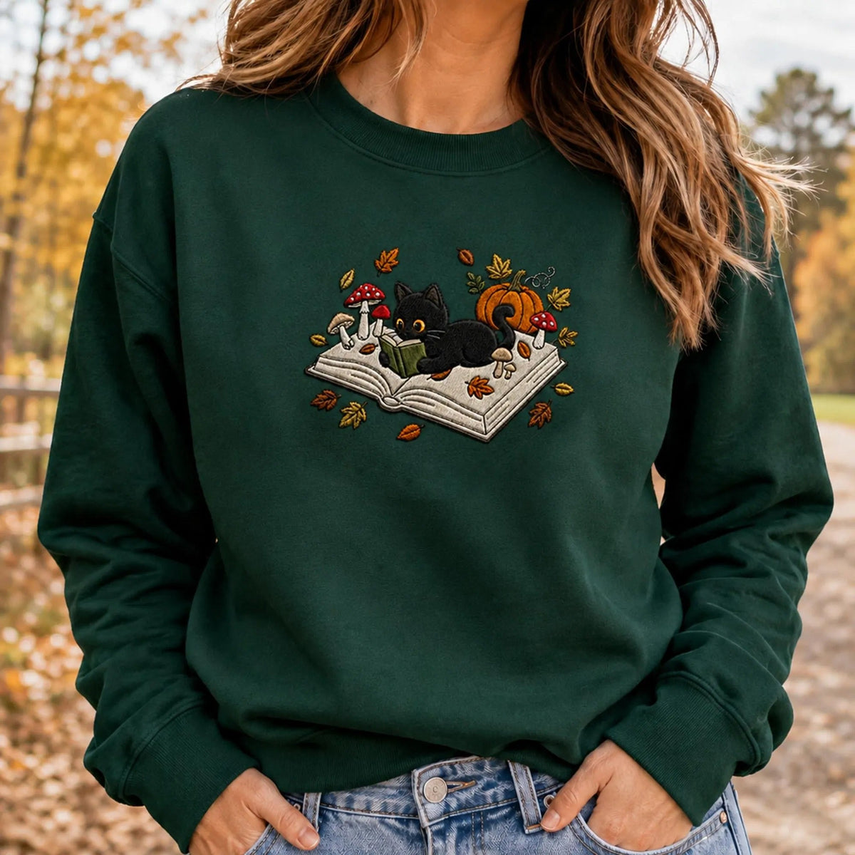 Embroidered Black Cat Book Halloween Sweatshirt