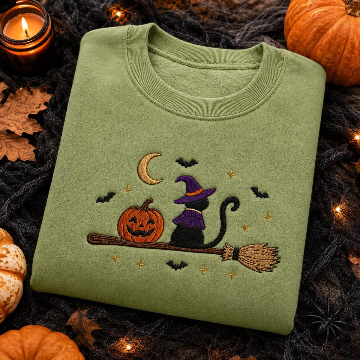 Embroidered Black Cat Broomstick Halloween Sweatshirt