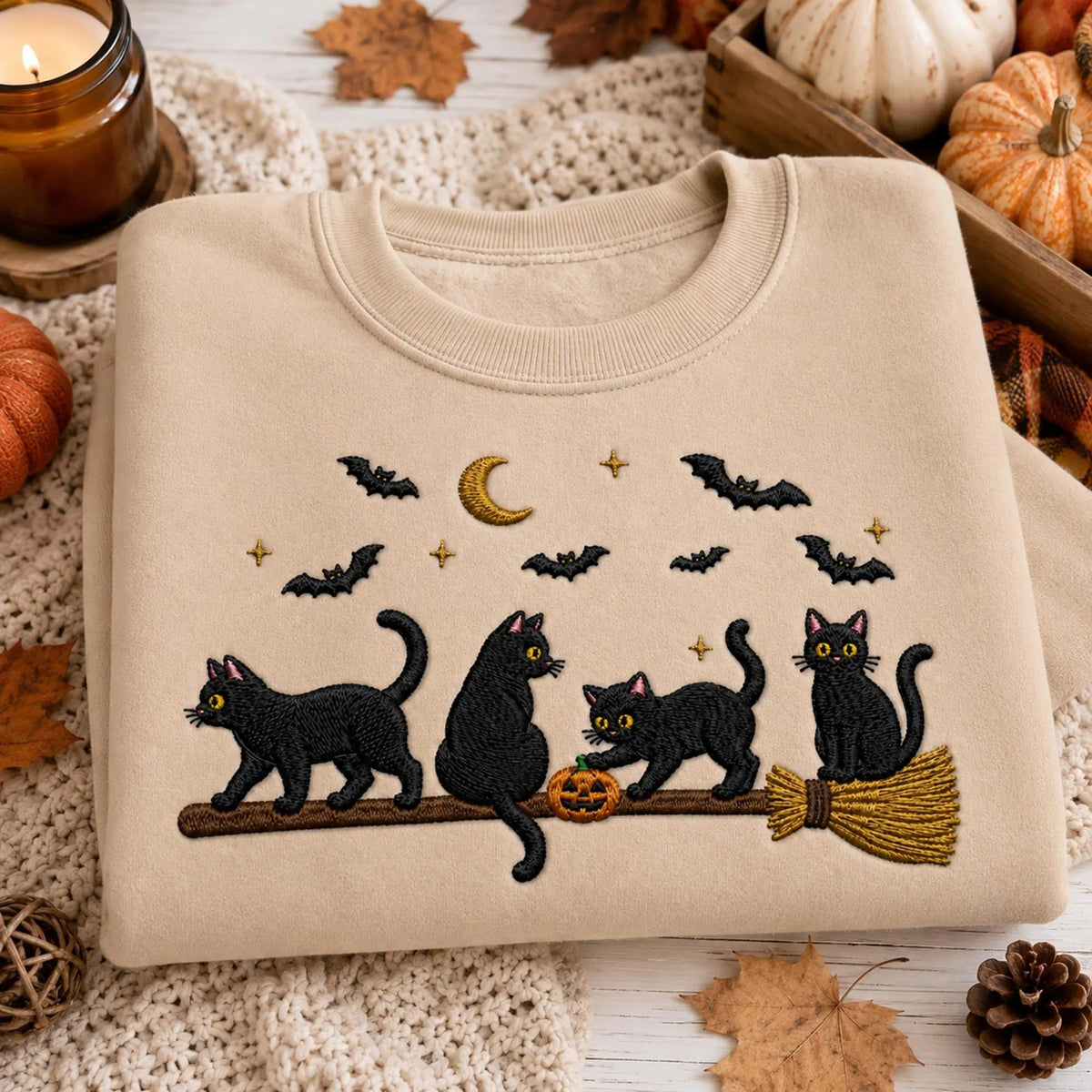 Embroidered Black Cat Broomstick Halloween Sweatshirt