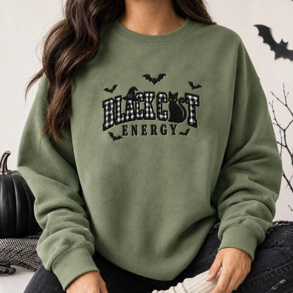 Embroidered Black Cat Energy Halloween Sweatshirt