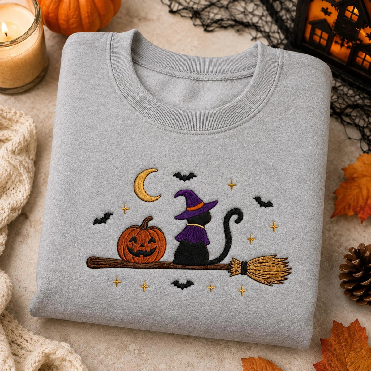Embroidered Black Cat Broomstick Halloween Sweatshirt