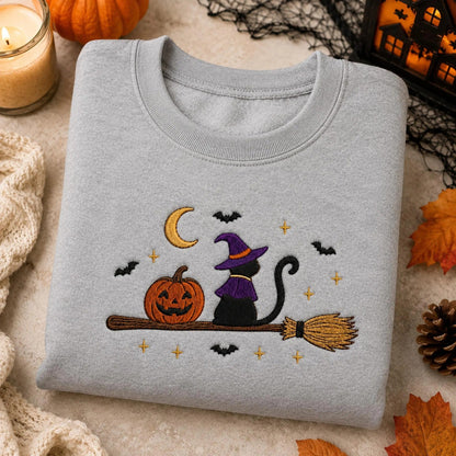 Embroidered Black Cat Broomstick Halloween Sweatshirt