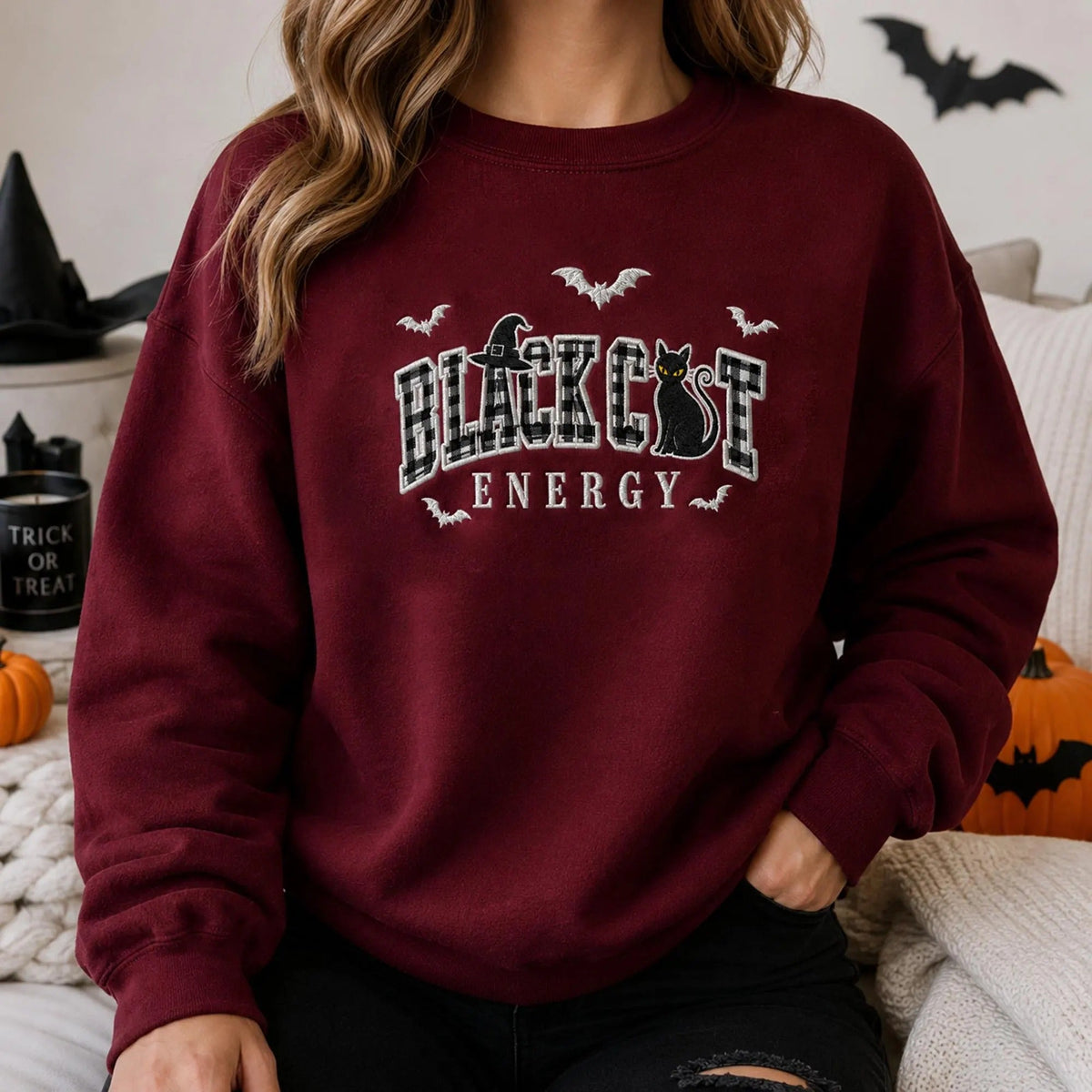 Embroidered Black Cat Energy Halloween Sweatshirt