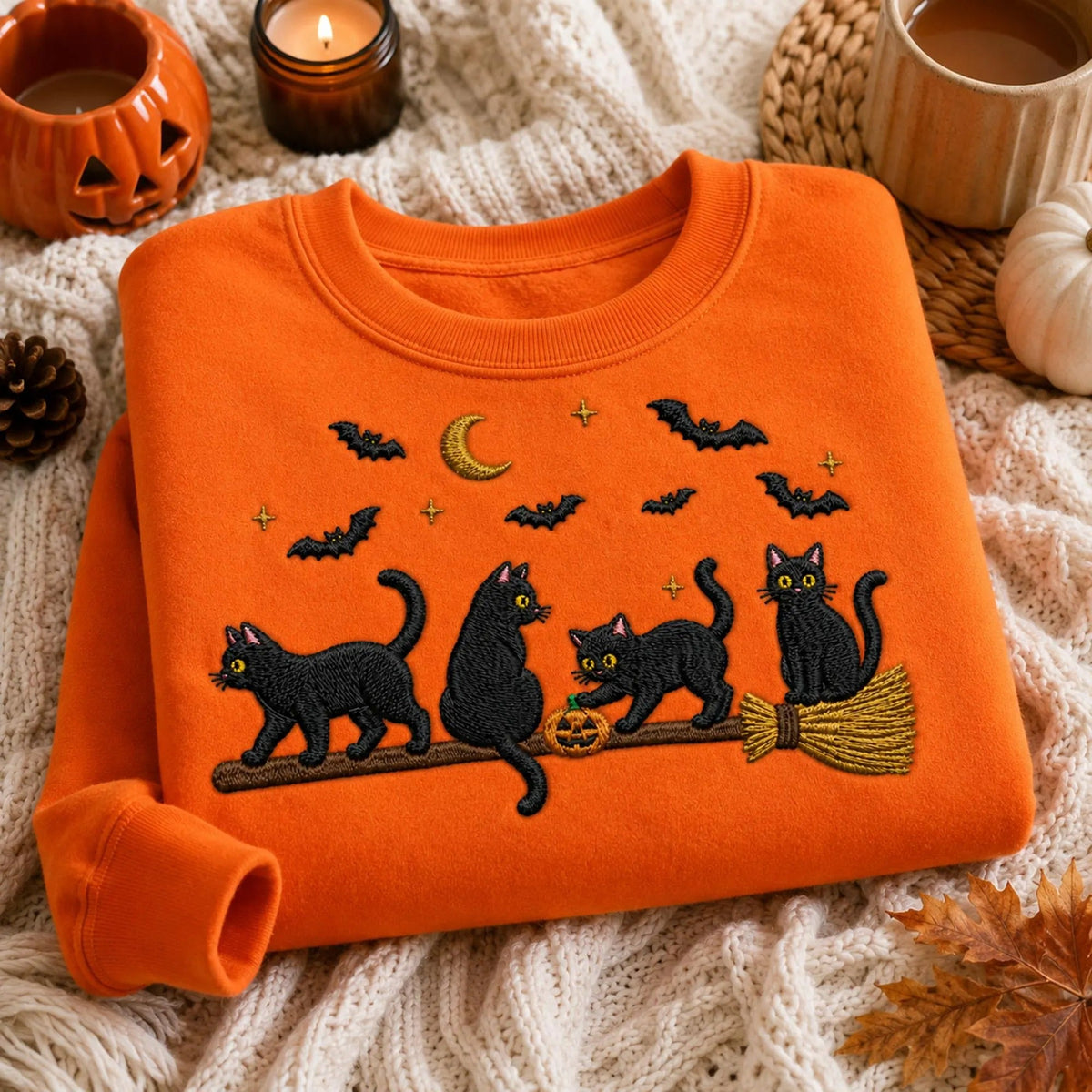 Embroidered Black Cat Broomstick Halloween Sweatshirt